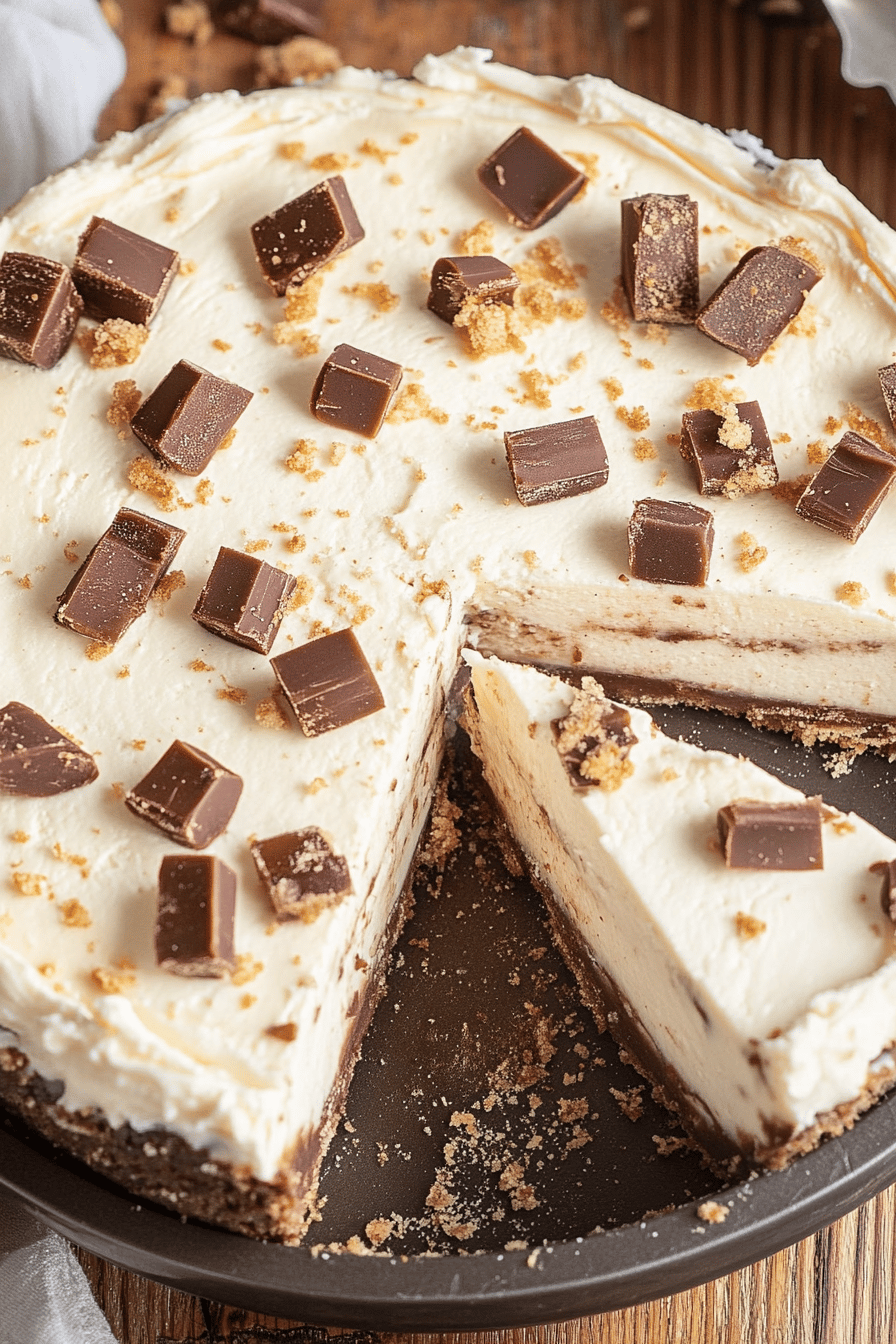 Toffee Cheesecake Pie slice on plate showing perfect texture and swirl pattern