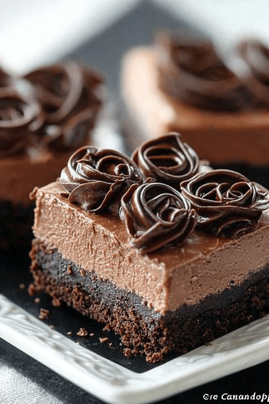 Triple Chocolate Cheesecake Bars slice on plate showing perfect texture and swirl pattern