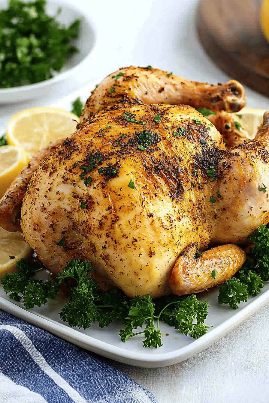 air fryer whole chicken slice on plate showing perfect texture and swirl pattern