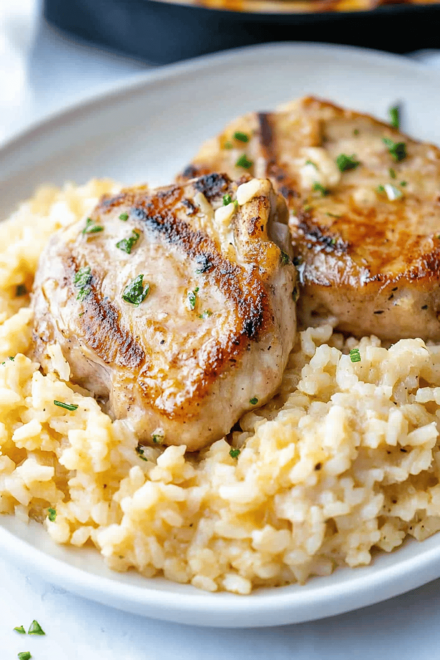 baked pork chops and rice ingredients organized and measured on kitchen counter
