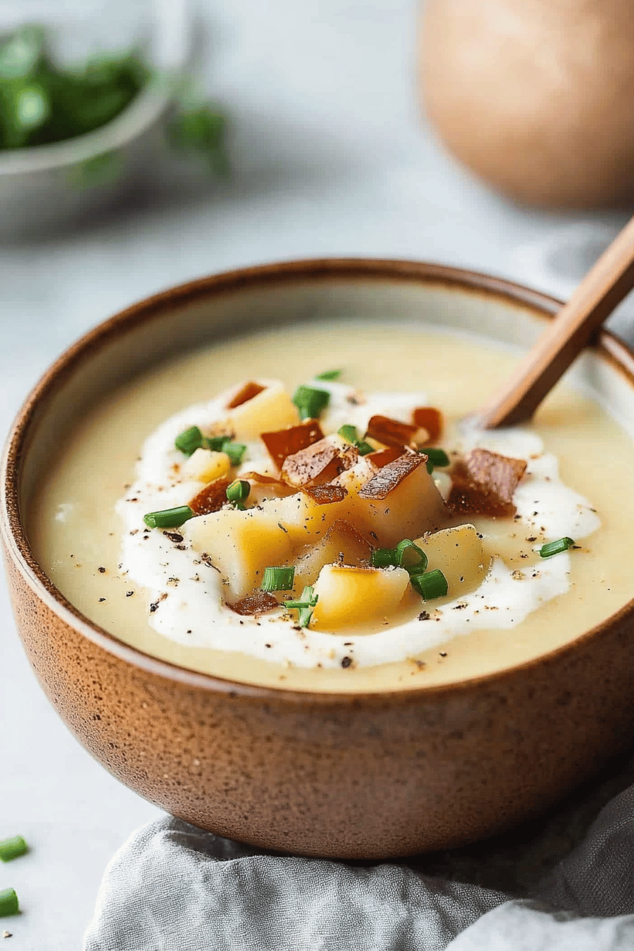 baked potato soup slice on plate showing perfect texture and swirl pattern