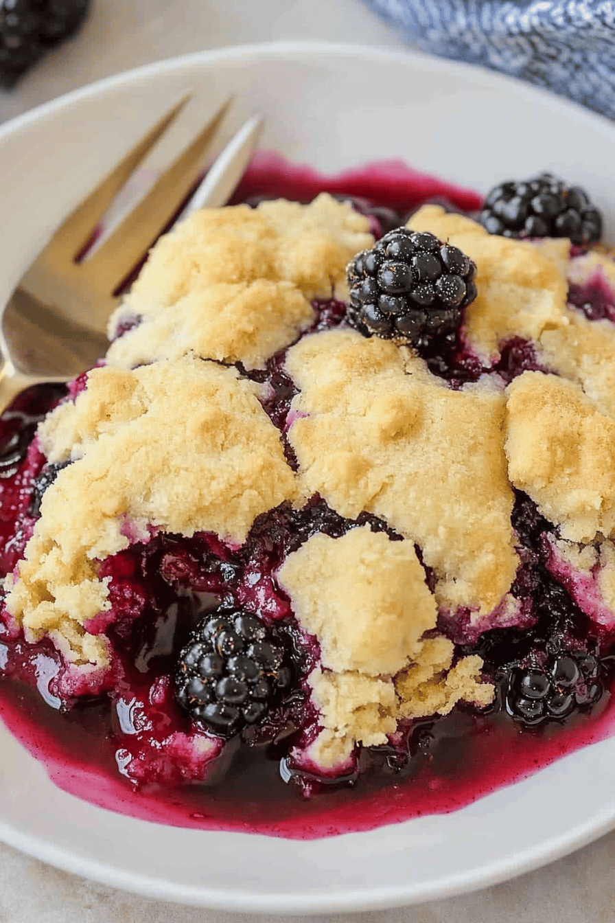 A close-up shot of a slice of blackberry cobbler on a plate, showcasing the rich berry filling and fluffy topping.