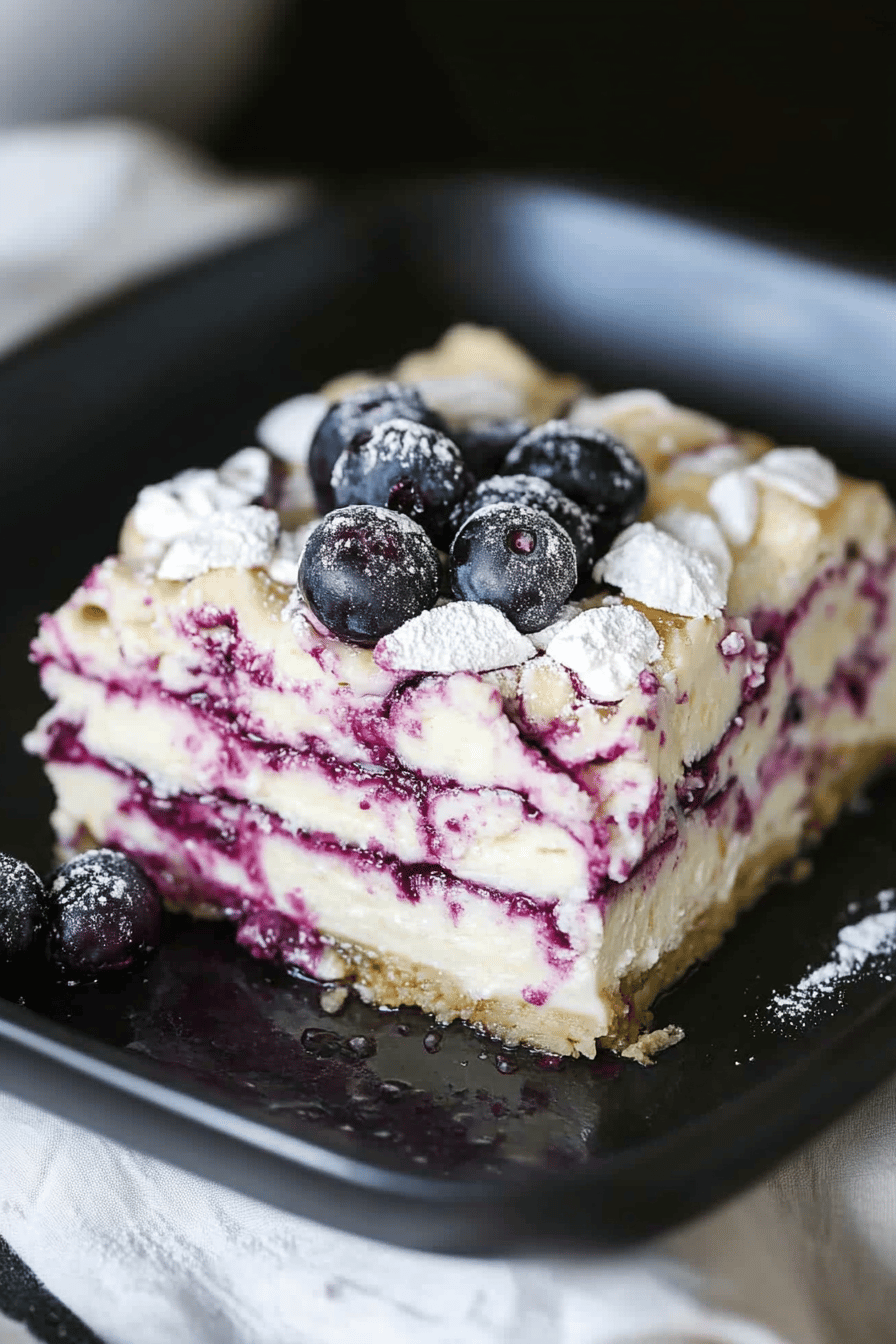 blueberry cheesecake lasagna slice on plate showing perfect texture and swirl pattern