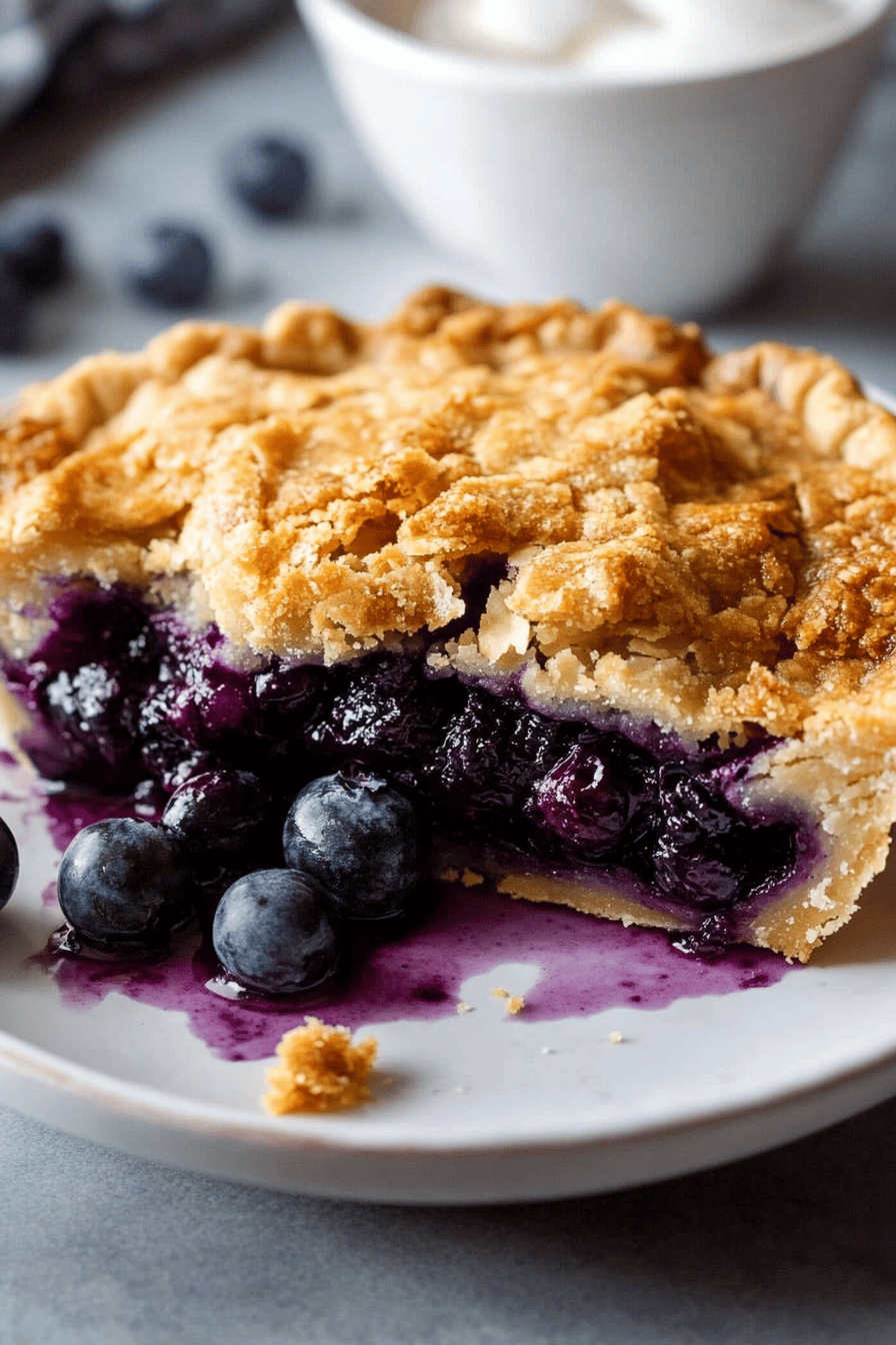blueberry crumble pie slice on plate showing perfect texture and swirl pattern