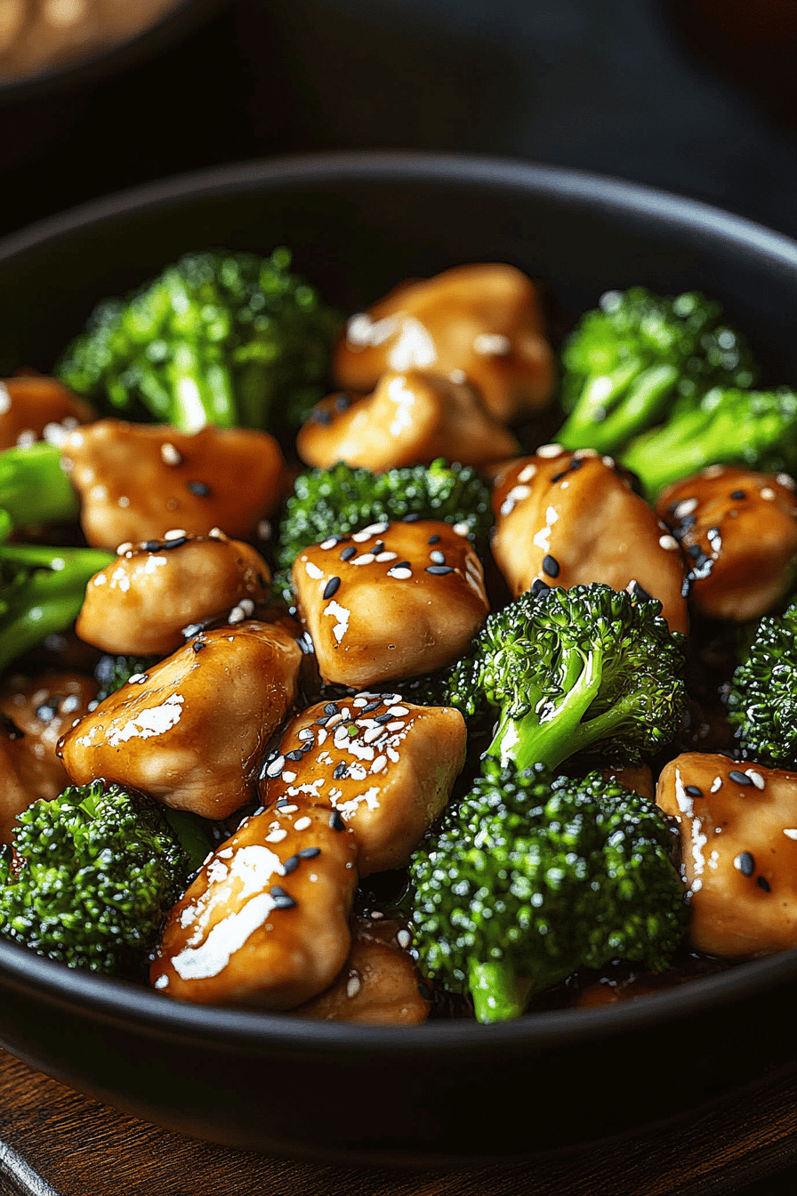chicken broccoli stir fry slice on plate showing perfect texture and swirl pattern