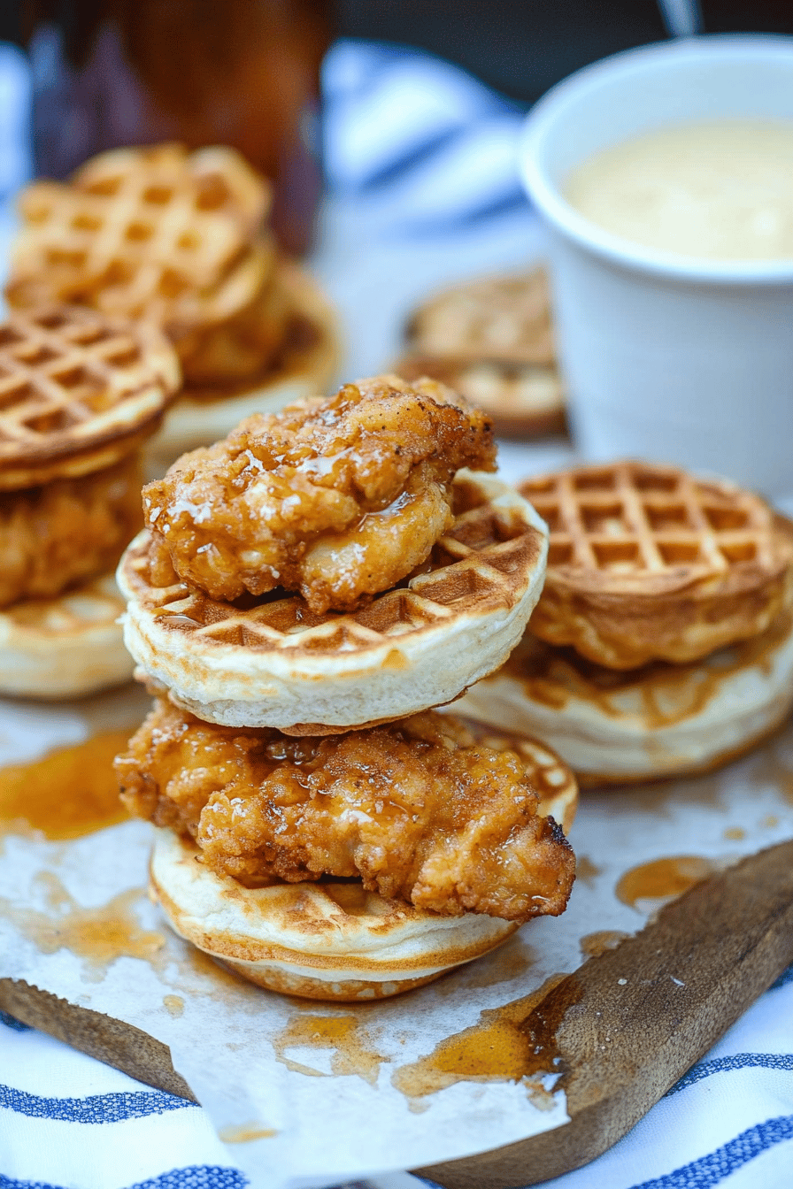 chicken waffle sliders slice on plate showing perfect texture and swirl pattern