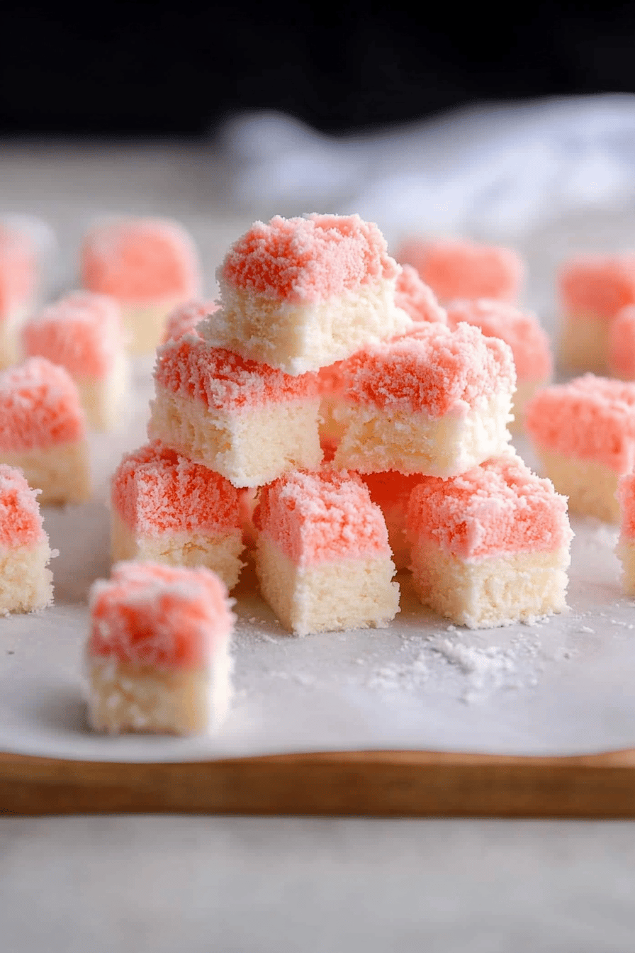 coconut ice slice on plate showing perfect texture and swirl pattern