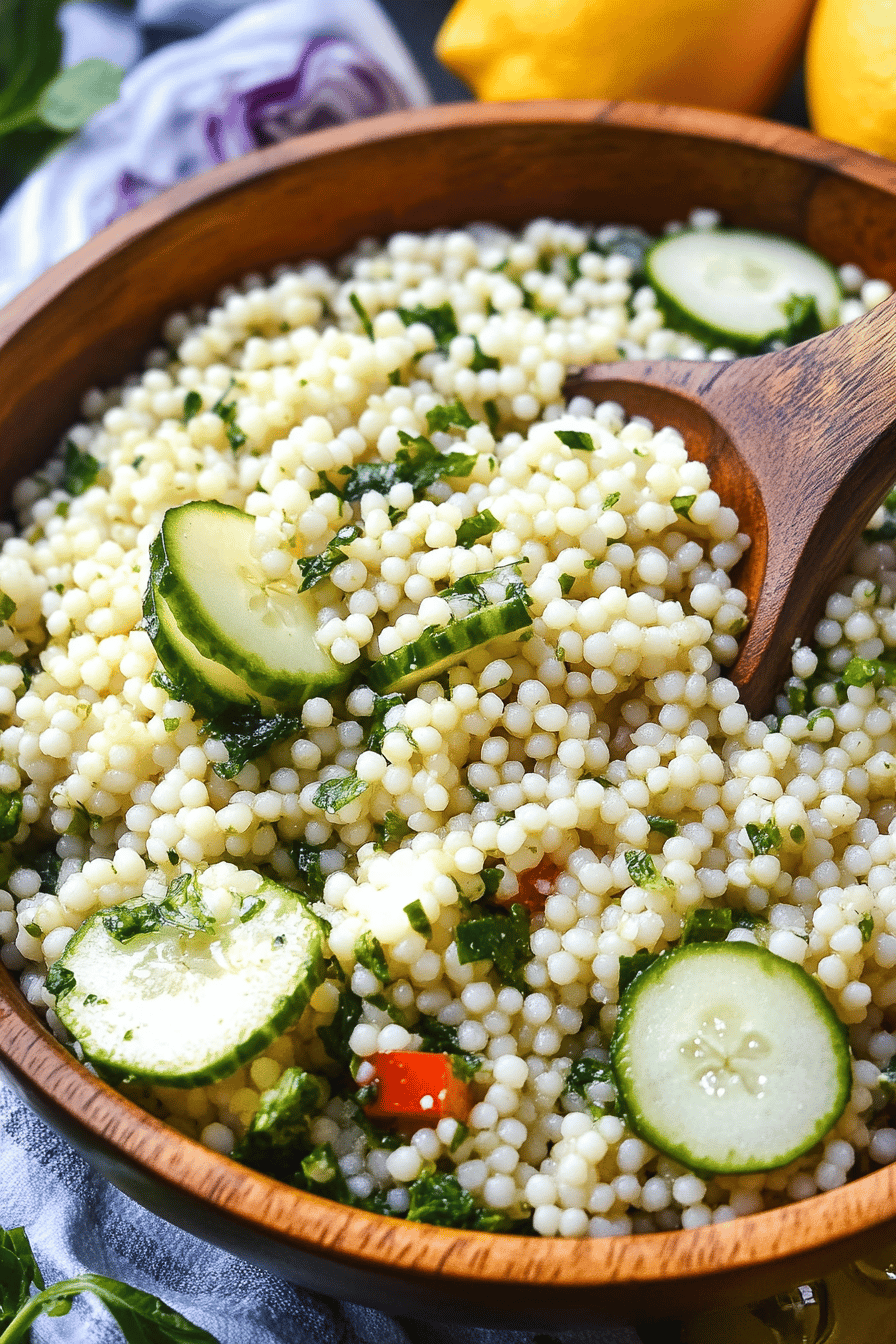 couscous salad ingredients organized and measured on kitchen counter