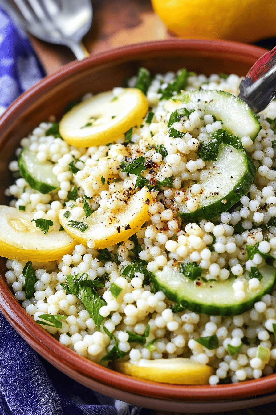 couscous salad slice on plate showing perfect texture and swirl pattern