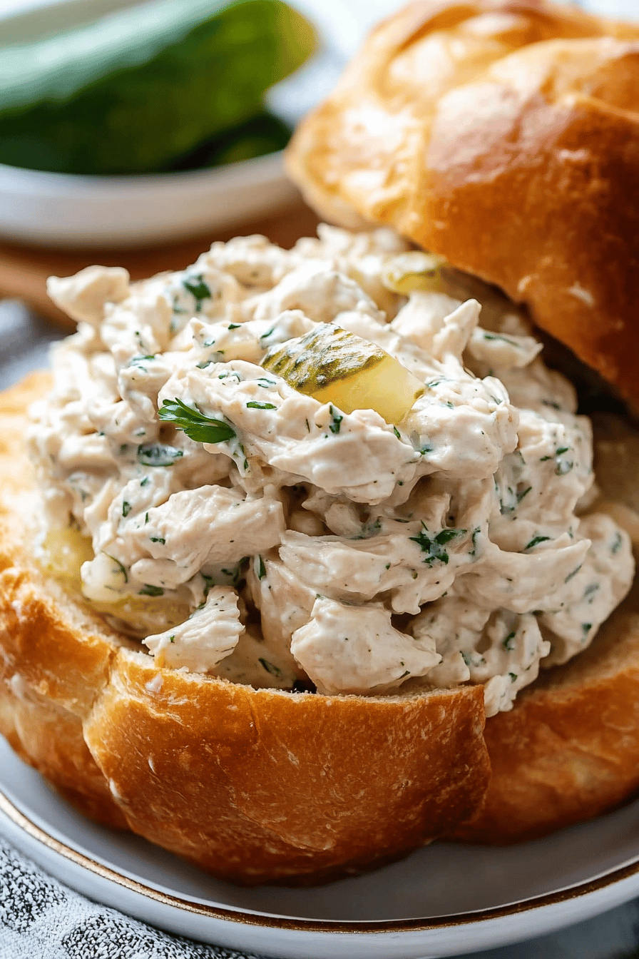 dill pickle chicken salad slice on plate showing perfect texture and swirl pattern
