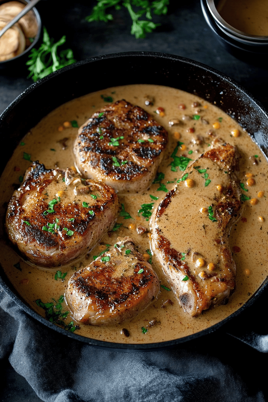 pork chops with mustard sauce slice on plate showing perfect texture and swirl pattern