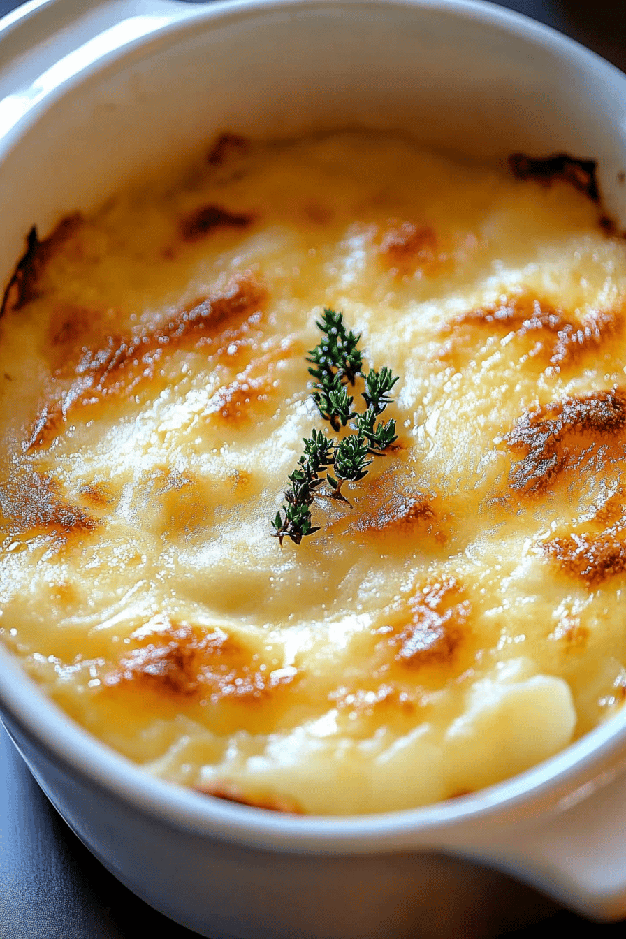 potatoes au gratin slice on plate showing perfect texture and swirl pattern