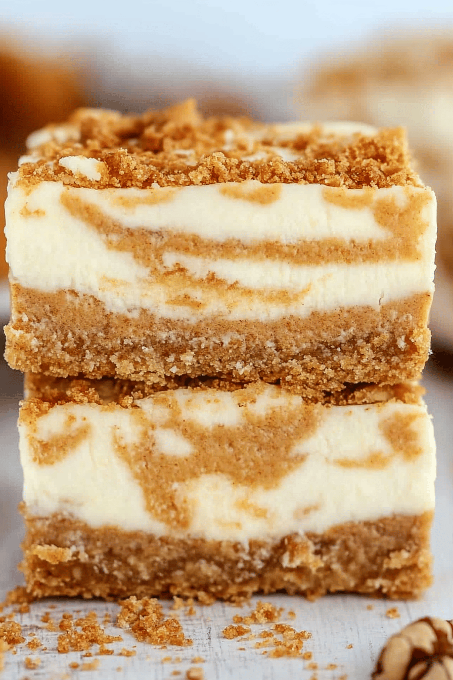 pumpkin cheesecake bars slice on plate showing perfect texture and swirl pattern