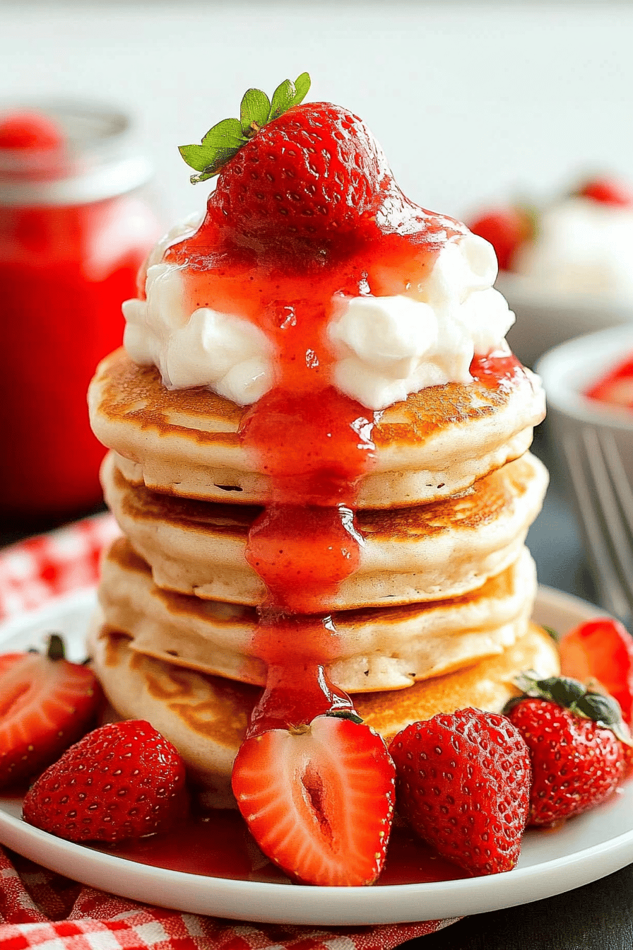 strawberry pancakes ingredients organized and measured on kitchen counter