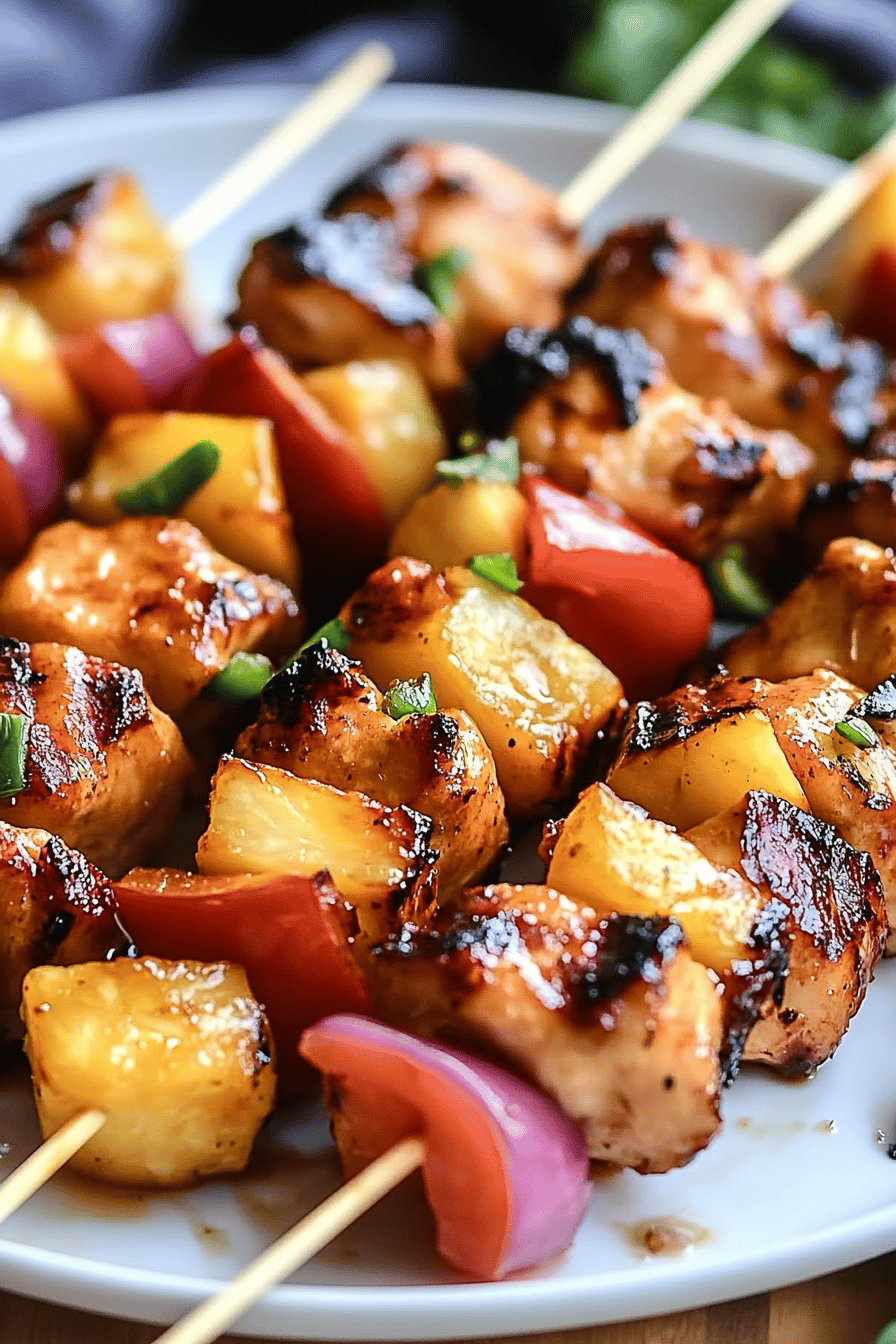 BBQ Pineapple Chicken Kabobs slice on plate showing perfect texture and swirl pattern