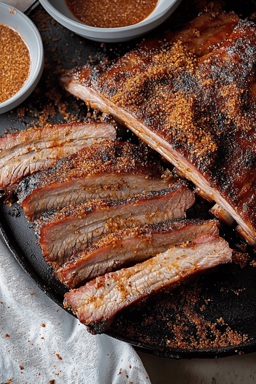 BBQ ribs slice on plate showing perfect texture and swirl pattern