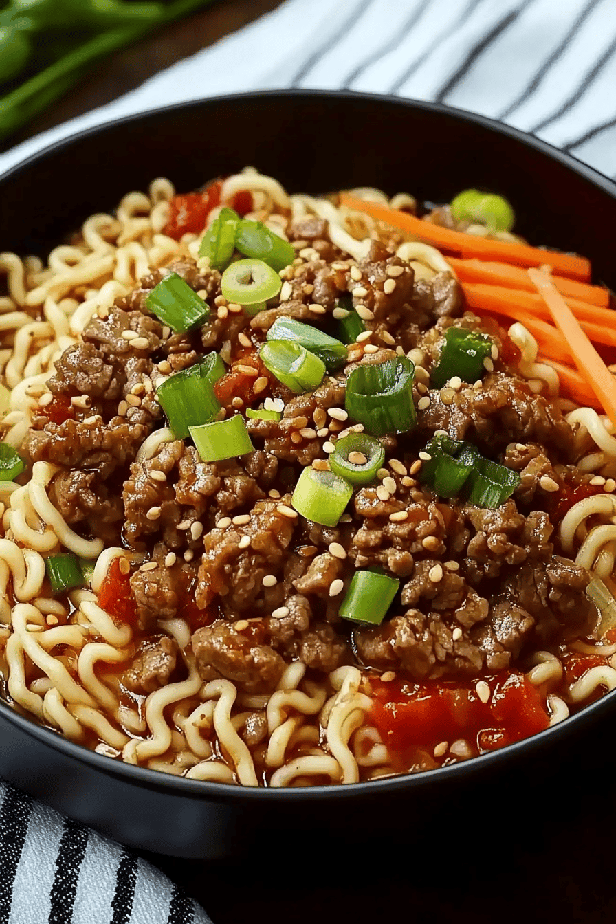 Beef ramen recipe ingredients organized and measured on kitchen counter