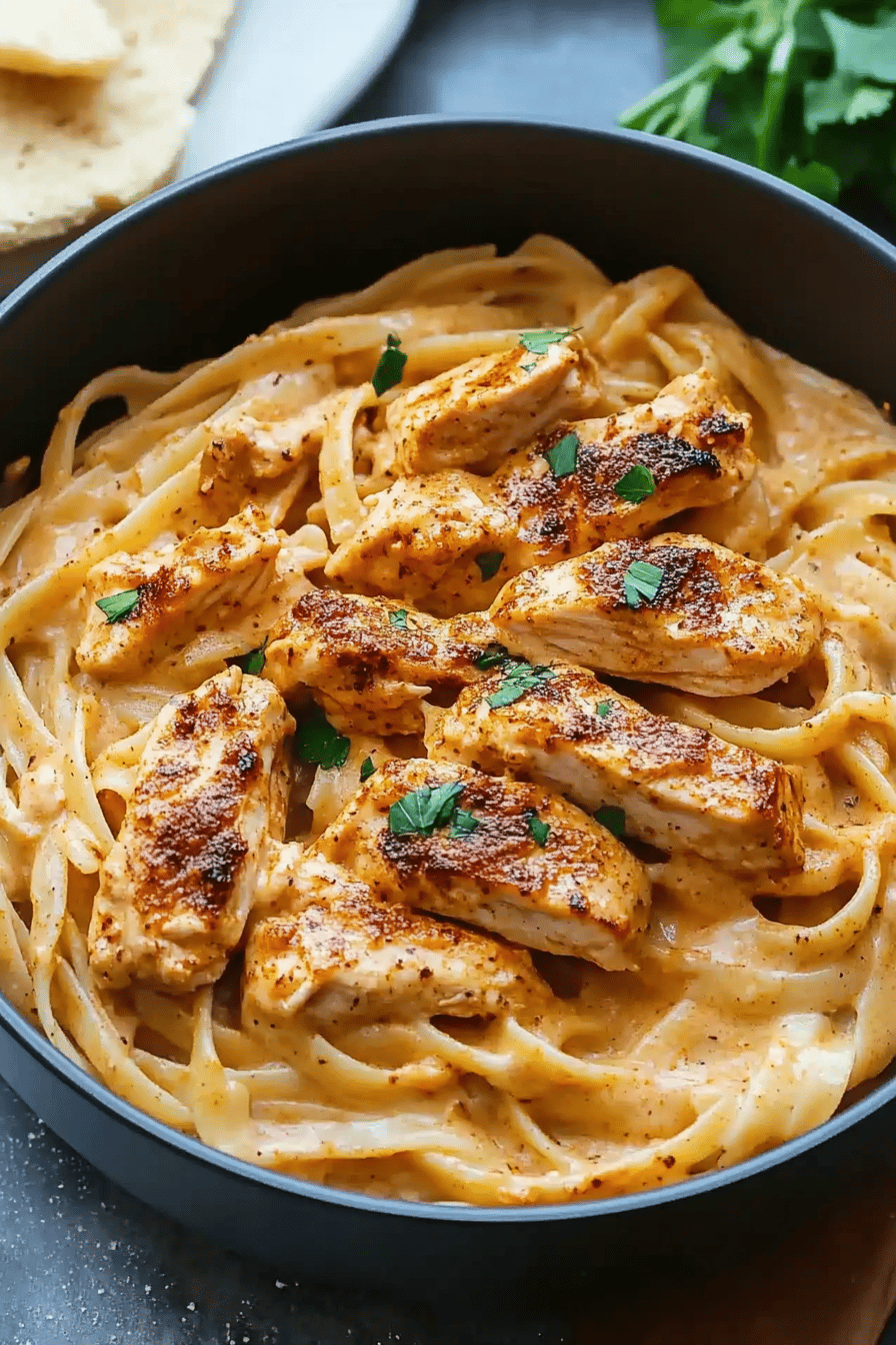 Cajun chicken pasta ingredients organized and measured on kitchen counter