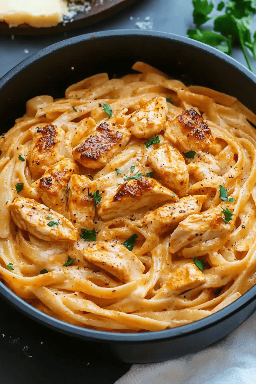 Cajun chicken pasta slice on plate showing perfect texture and swirl pattern
