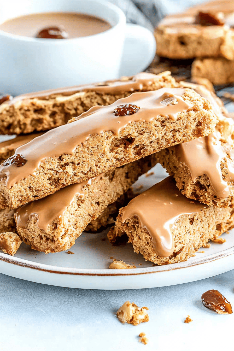 Caramel Macchiato Biscotti slice on plate showing perfect texture and swirl pattern