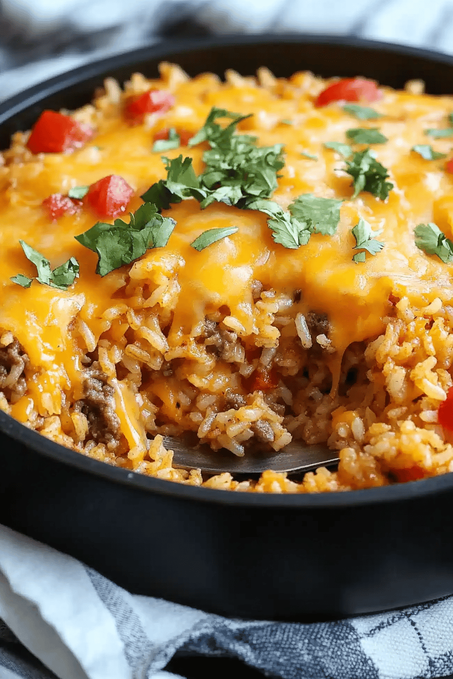 Cheesy taco rice slice on plate showing perfect texture and swirl pattern