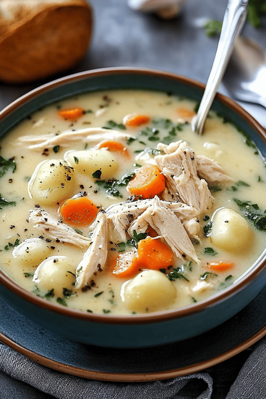 Chicken gnocchi soup slice on plate showing perfect texture and swirl pattern