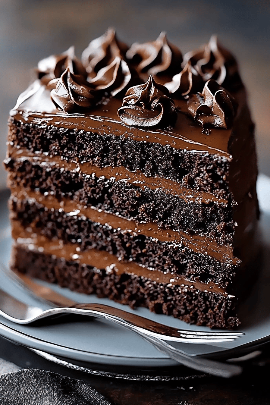 Chocolate cake recipe slice on plate showing perfect texture and swirl pattern