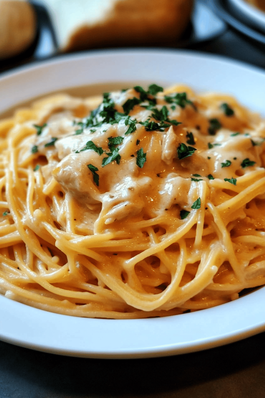 Crockpot Chicken Spaghetti slice on plate showing perfect texture and swirl pattern