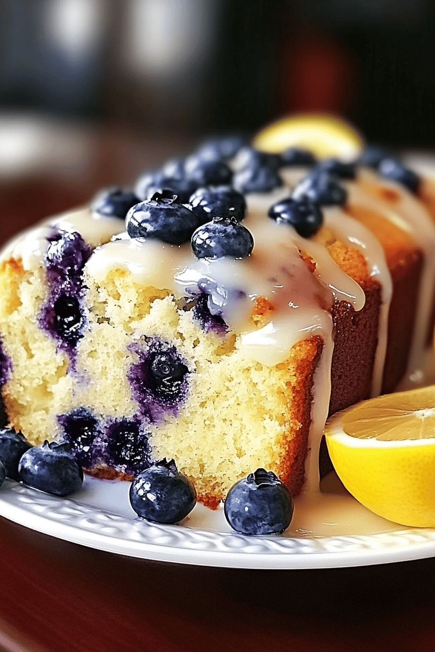Lemon blueberry loaf slice on plate showing perfect texture and swirl pattern