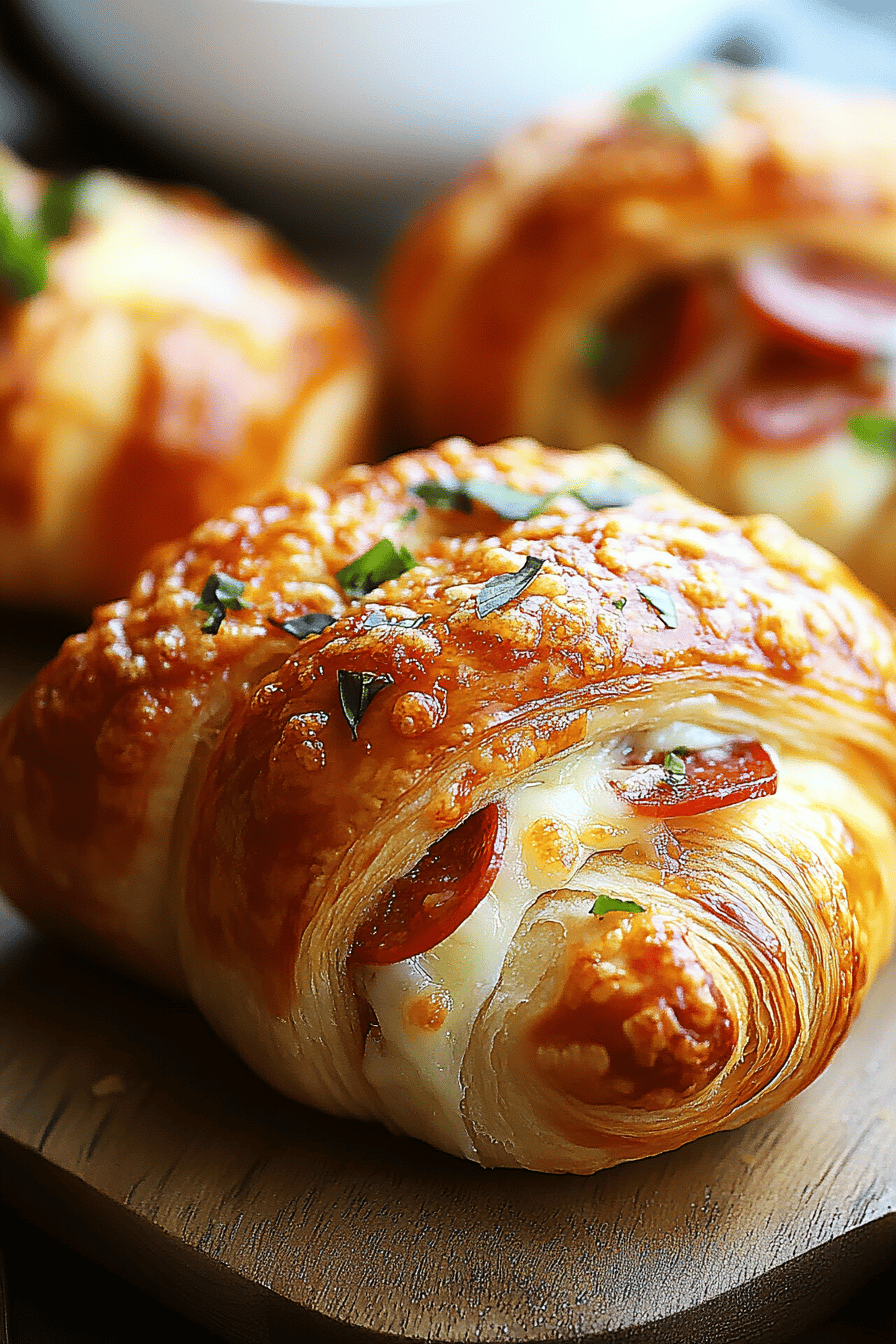 Mozzarella Pepperoni Croissant Rolls slice on plate showing perfect texture and swirl pattern