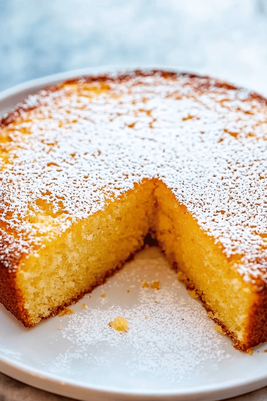Olive oil cake slice on plate showing perfect texture and swirl pattern