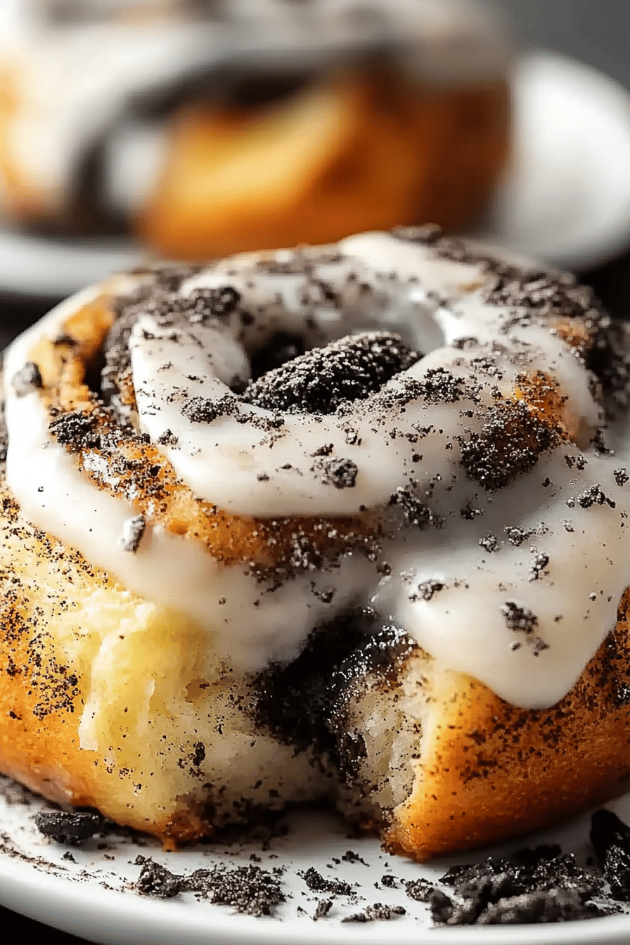 Oreo cinnamon roll slice on plate showing perfect texture and swirl pattern