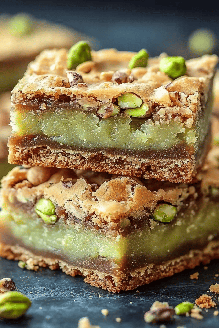 Pistachio cookie bars slice on plate showing perfect texture and swirl pattern