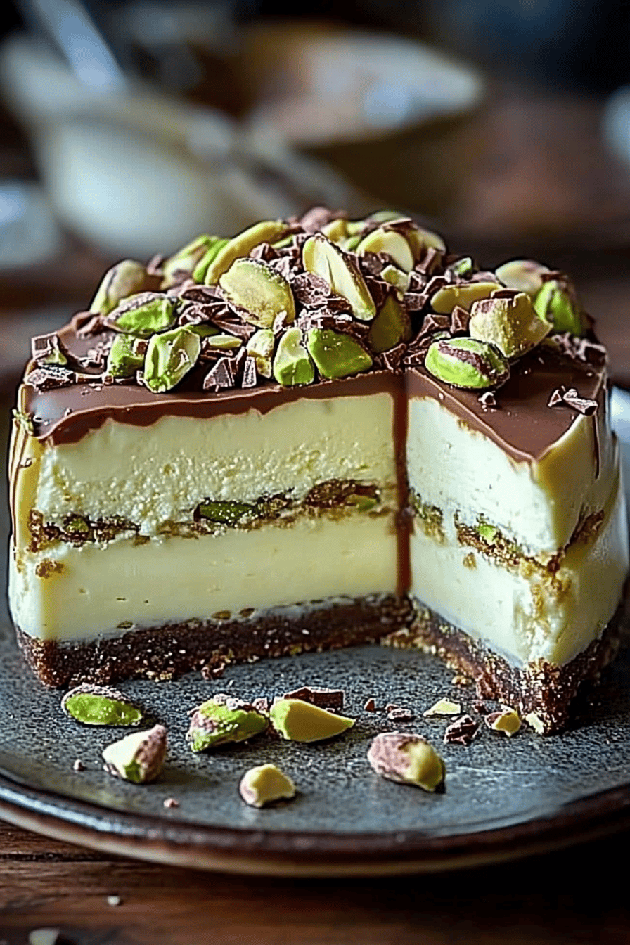 Pistachio white chocolate cheesecake slice on plate showing perfect texture and swirl pattern