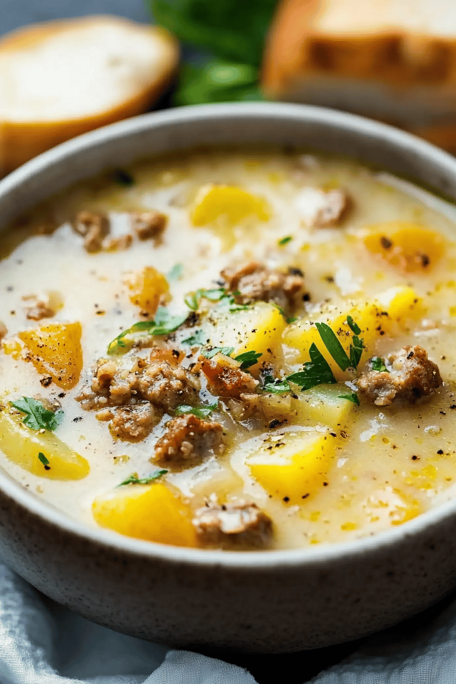Sausage potato soup ingredients organized and measured on kitchen counter