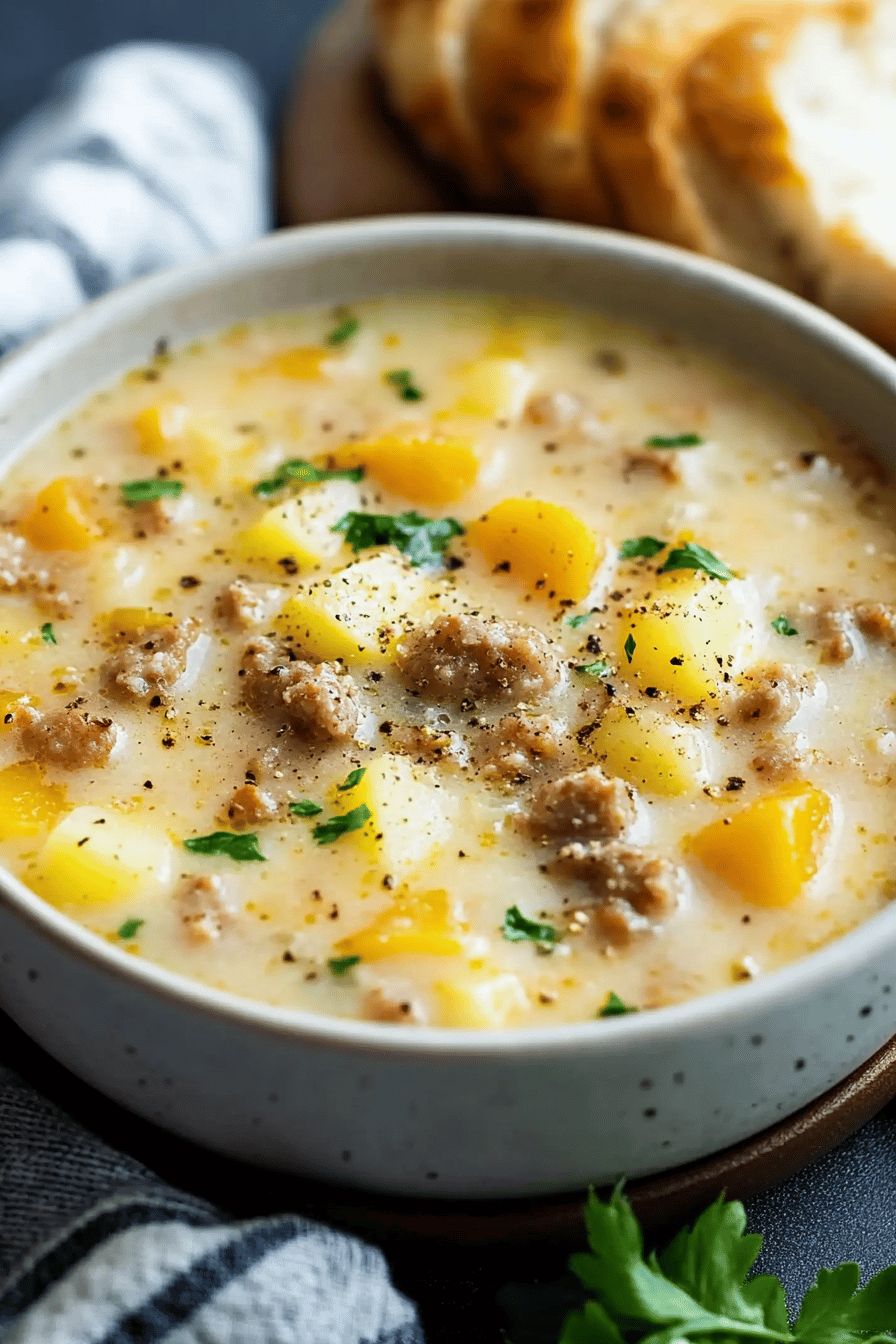 Sausage potato soup slice on plate showing perfect texture and swirl pattern