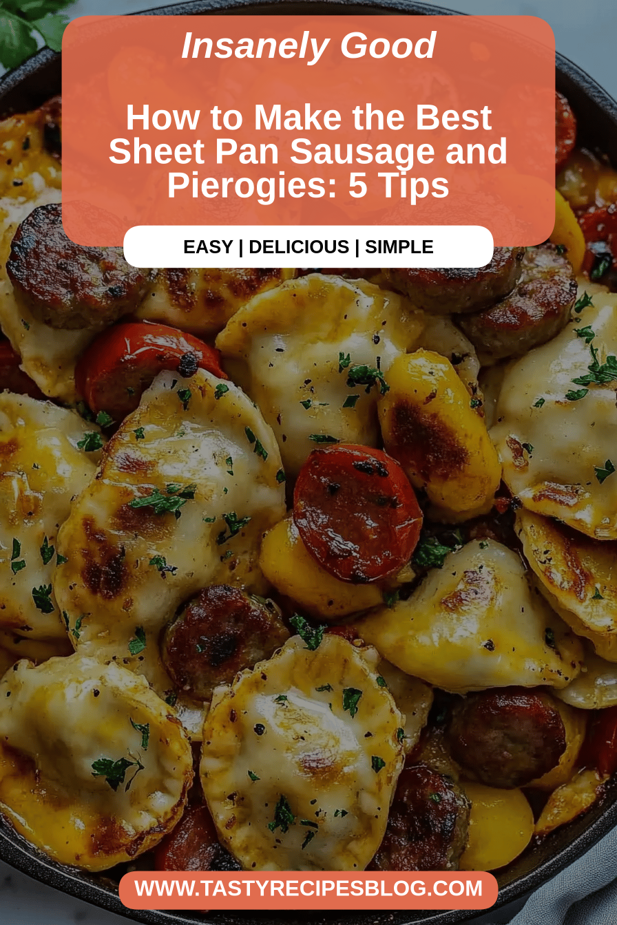 Sheet pan sausage pierogies final dish beautifully presented and ready to serve
