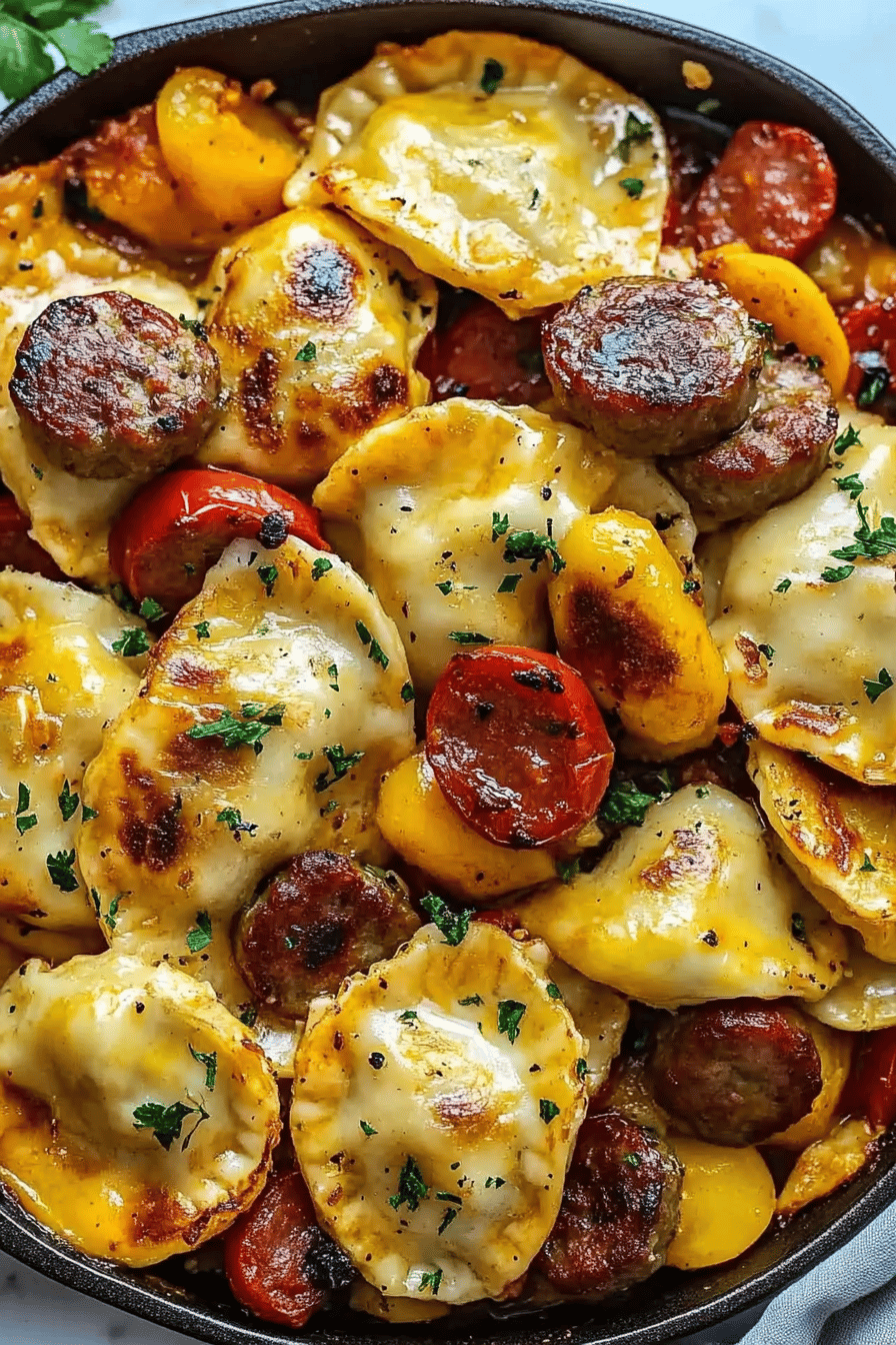 Sheet pan sausage pierogies ingredients organized and measured on kitchen counter