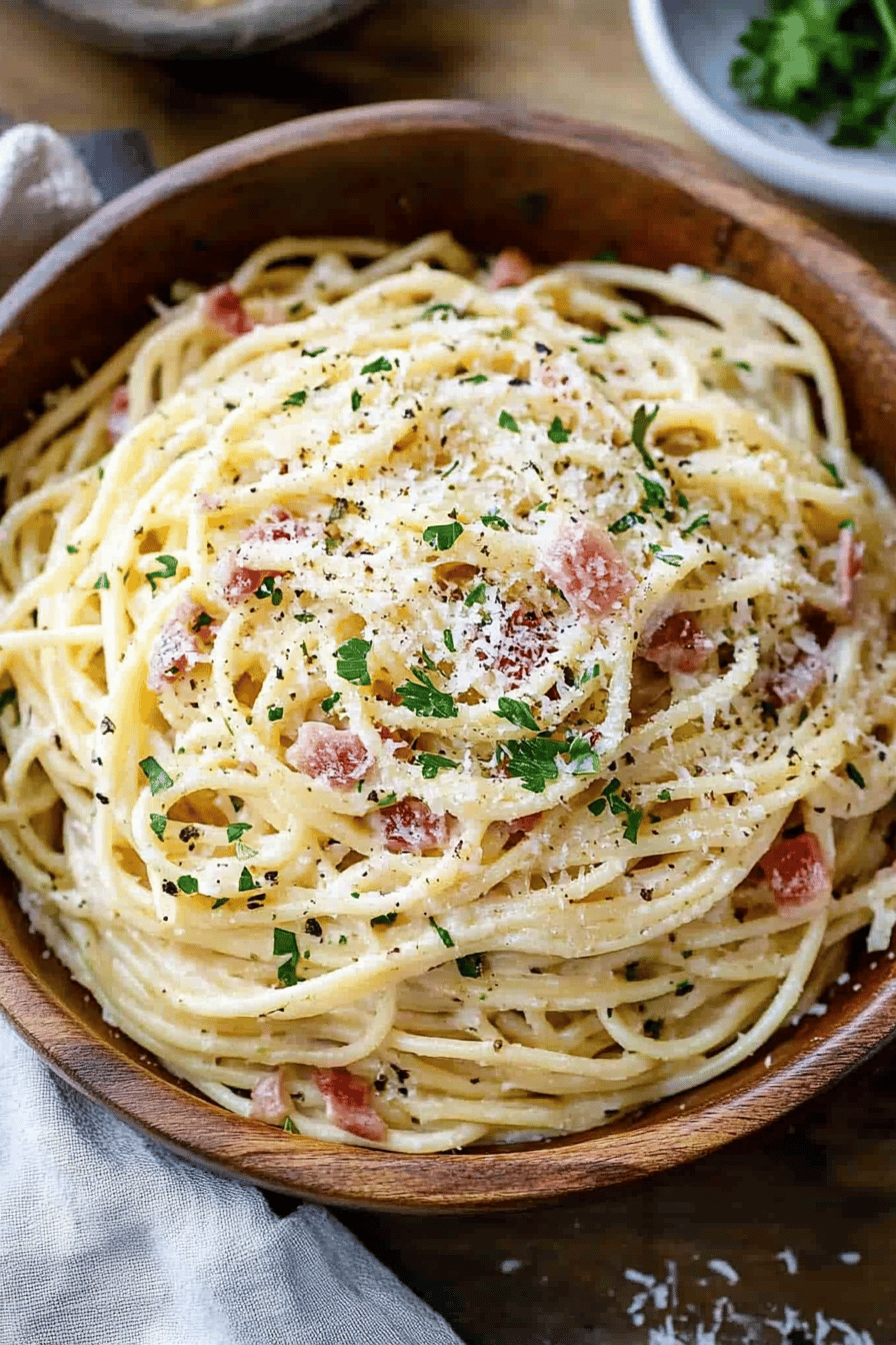 Spaghetti Carbonara ingredients organized and measured on kitchen counter