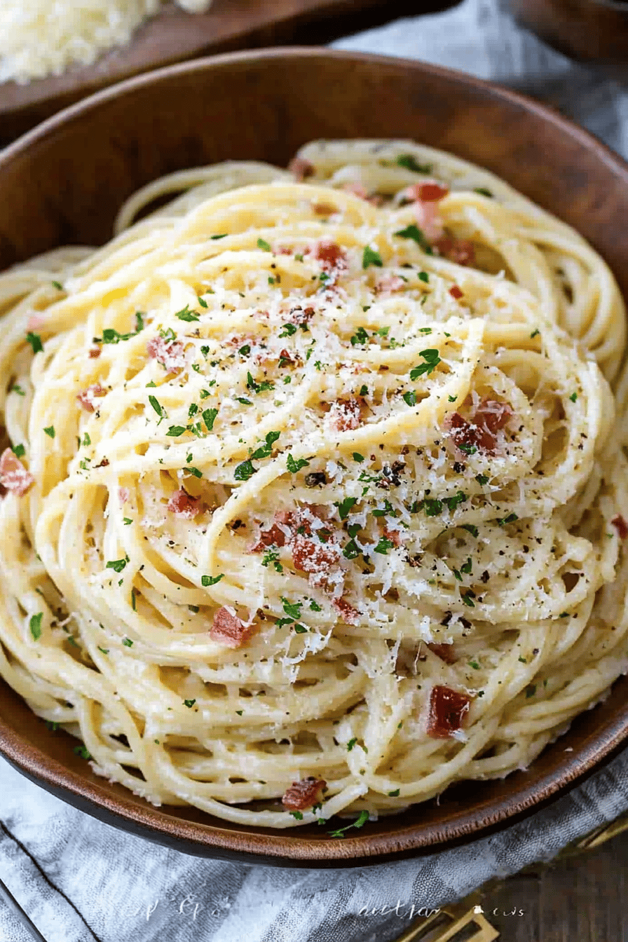 Spaghetti Carbonara slice on plate showing perfect texture and swirl pattern