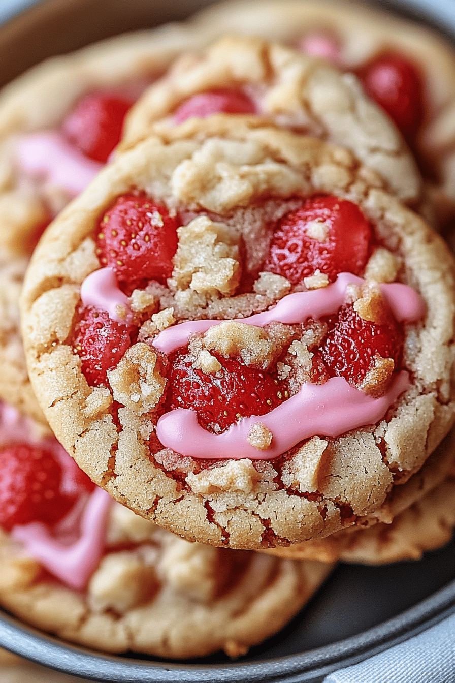 Strawberry crunch cookies slice on plate showing perfect texture and swirl pattern