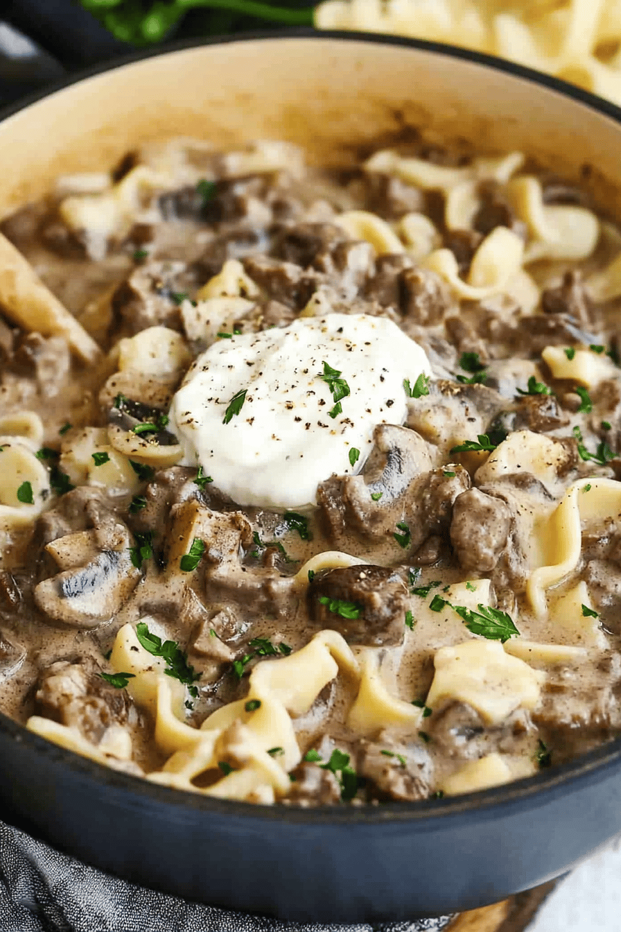 beef stroganoff slice on plate showing perfect texture and swirl pattern