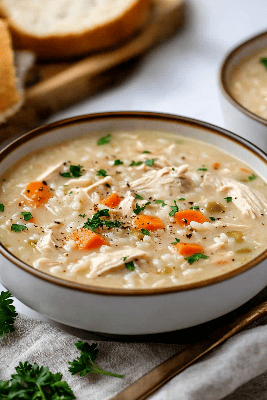 chicken and rice soup ingredients organized and measured on kitchen counter