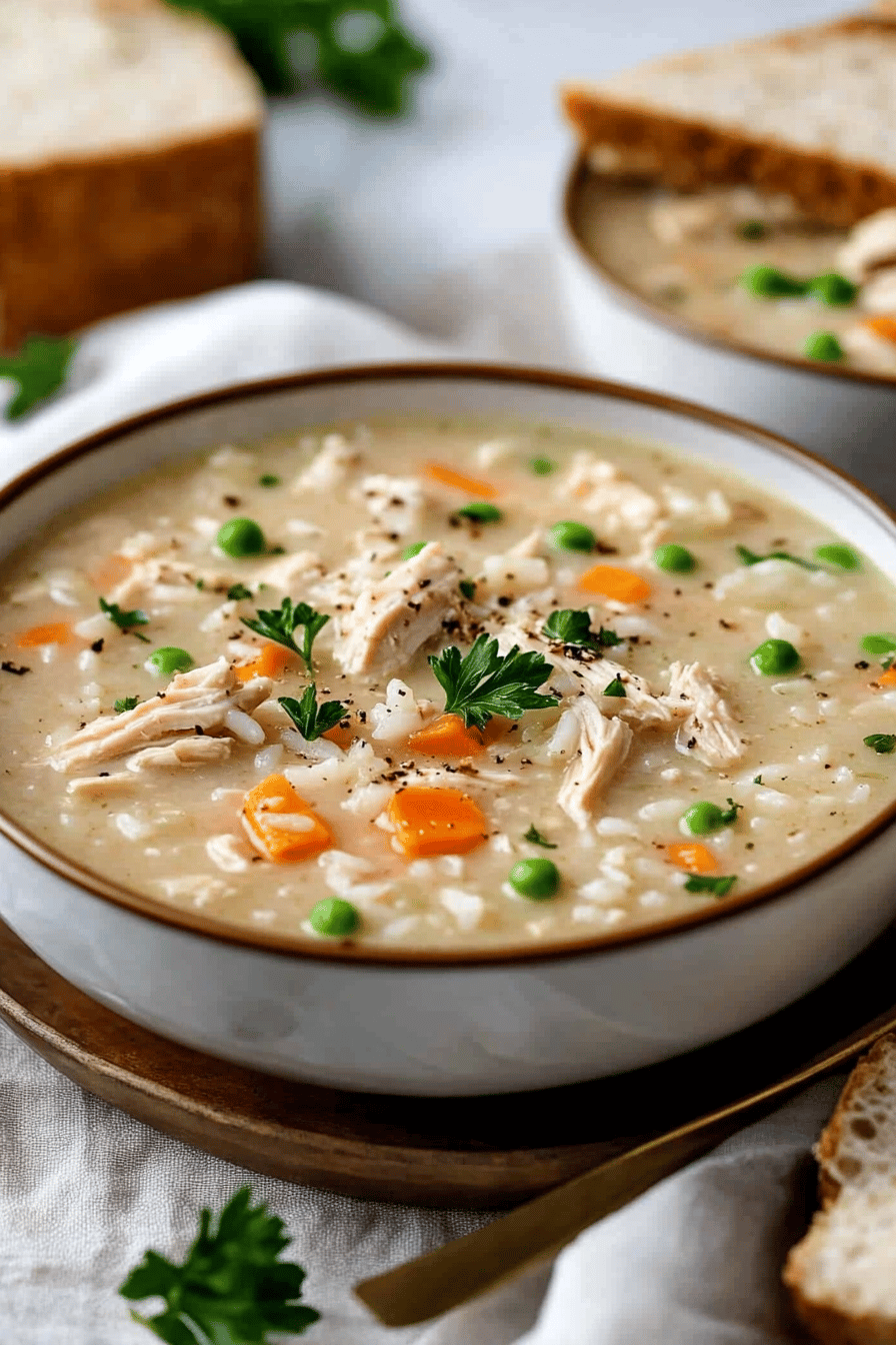 chicken and rice soup slice on plate showing perfect texture and swirl pattern