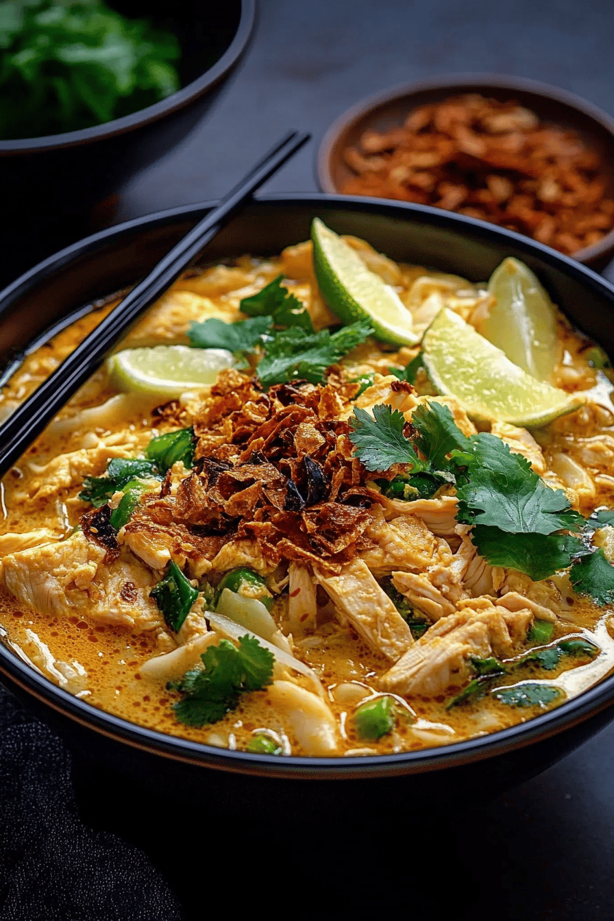 chicken laksa ingredients organized and measured on kitchen counter