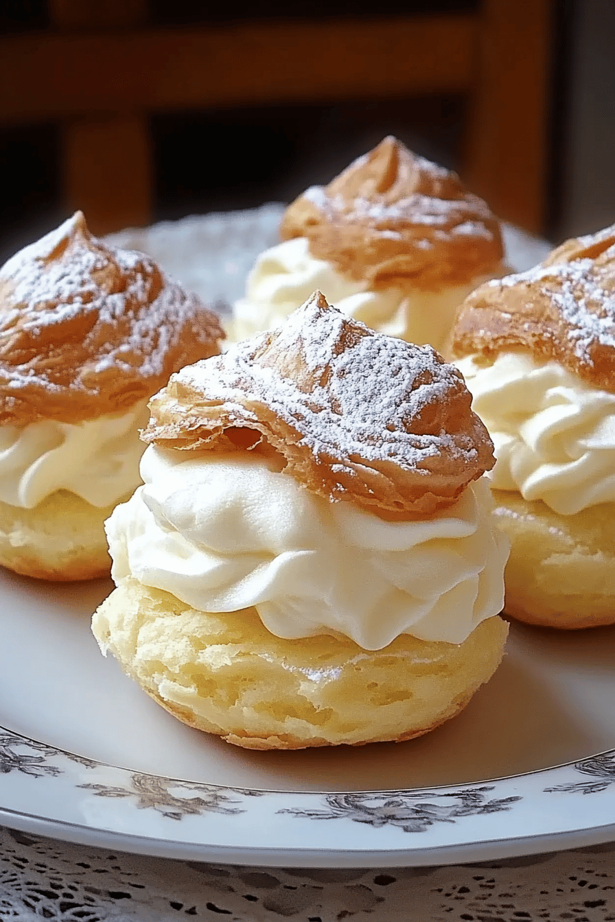 cream puffs slice on plate showing perfect texture and swirl pattern