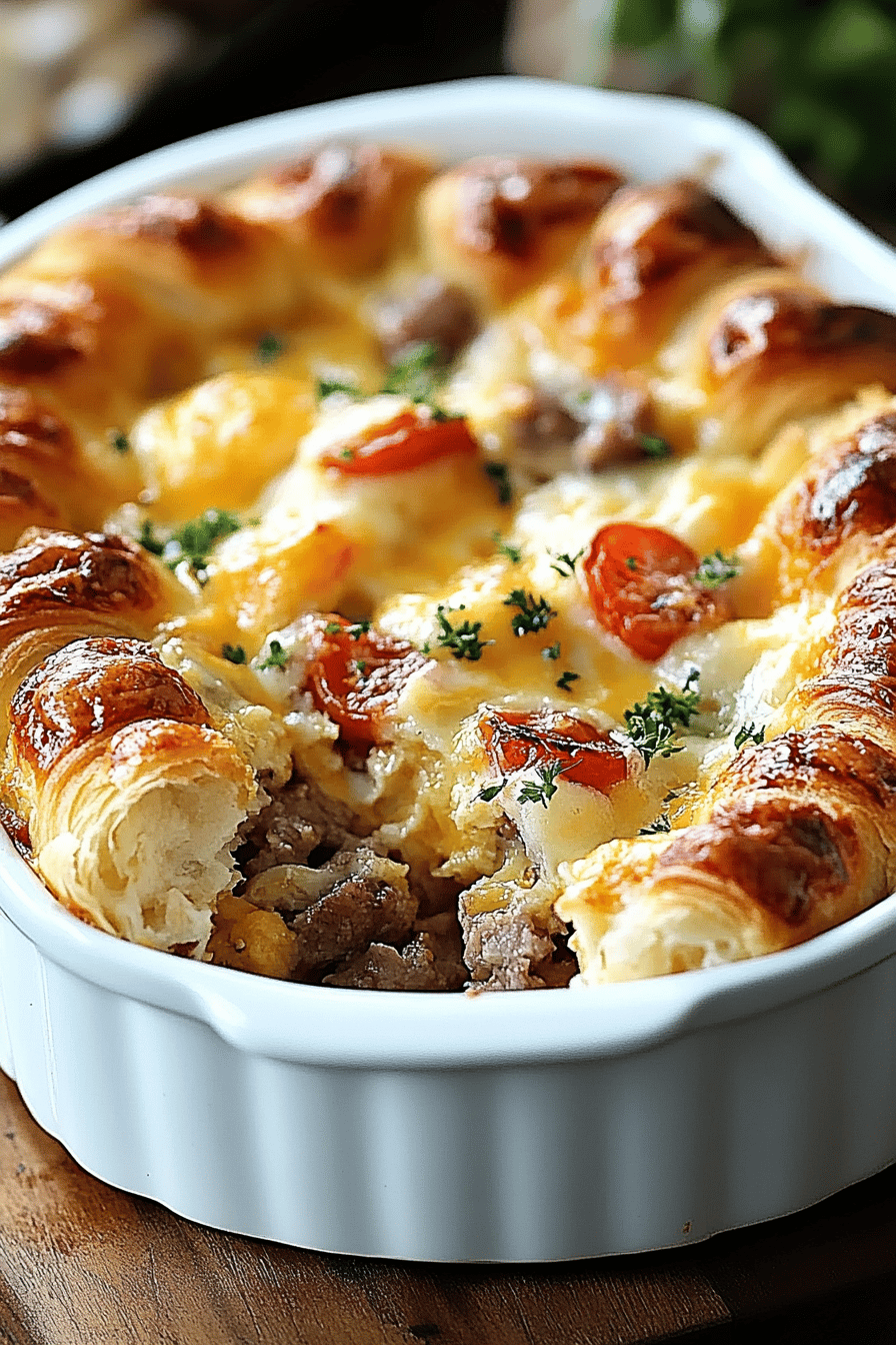 croissant breakfast casserole slice on plate showing perfect texture and swirl pattern