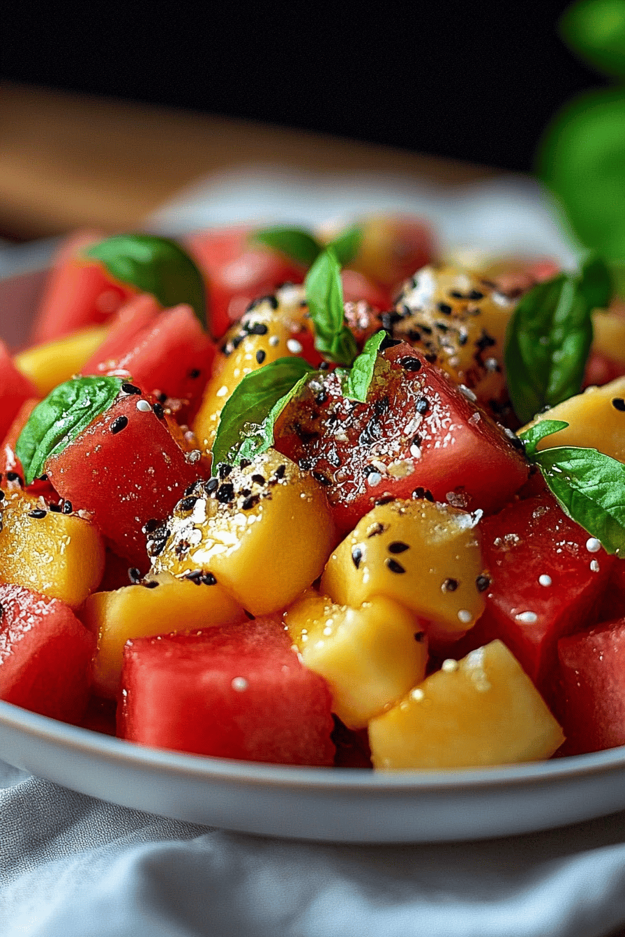 peach watermelon salad slice on plate showing perfect texture and swirl pattern