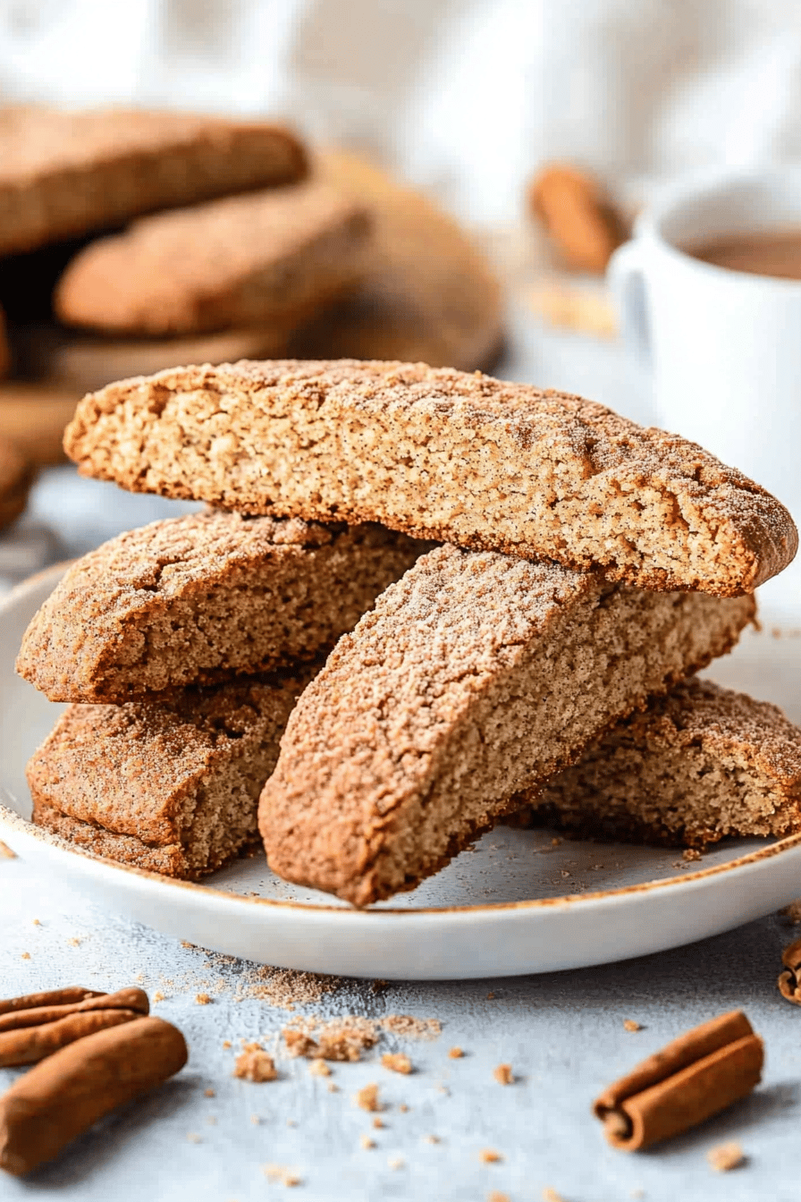 snickerdoodle biscotti slice on plate showing perfect texture and swirl pattern
