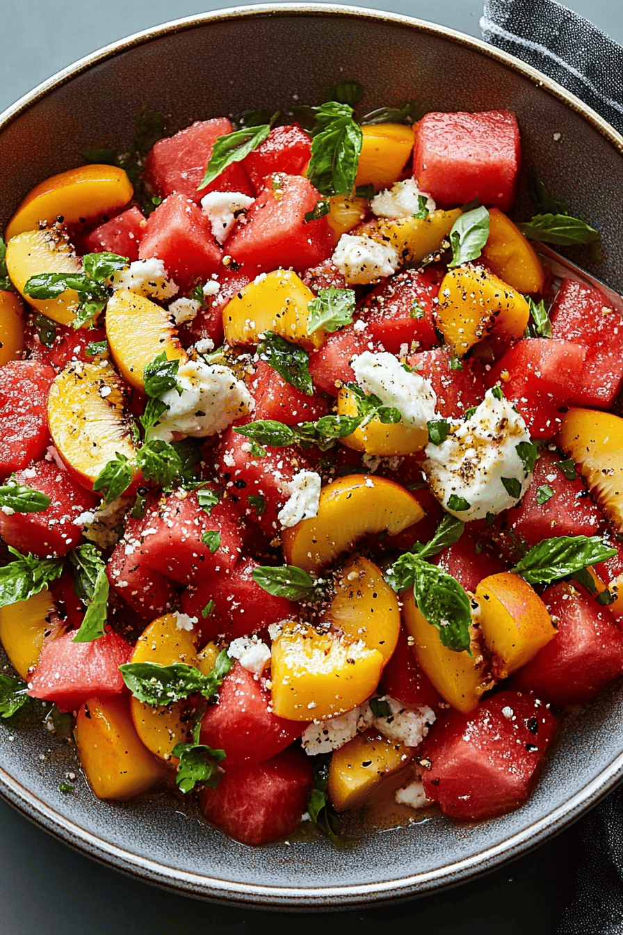 watermelon peach salad slice on plate showing perfect texture and swirl pattern